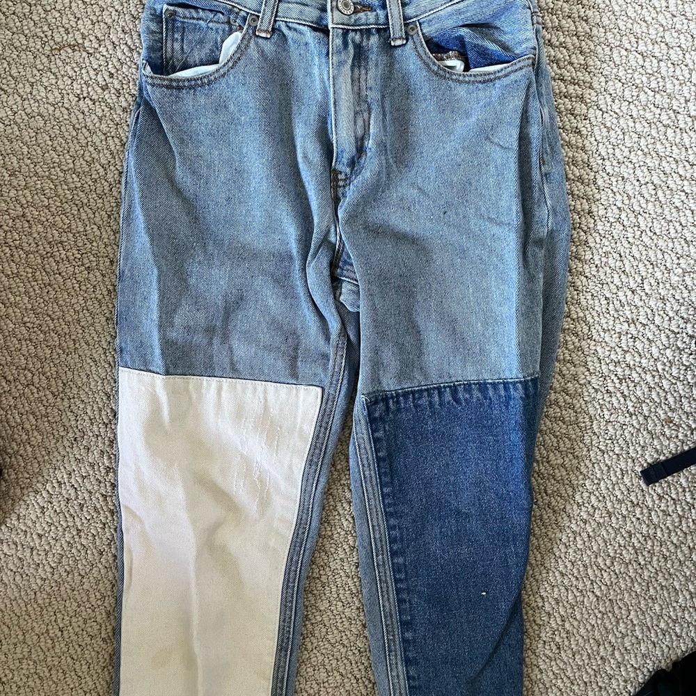 Brandy Melville Blue Relaxed Jeans with Unique Color-Block Design